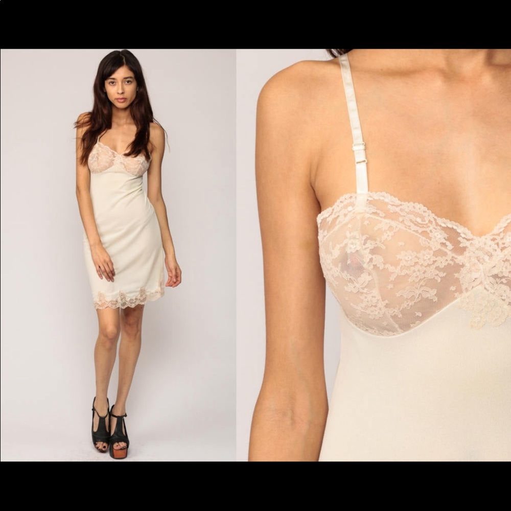 Lace Slip Dress Sheer Lingerie 60s Off White Vintage Spaghetti Strap  xs